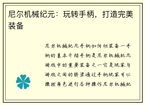 尼尔机械纪元：玩转手柄，打造完美装备